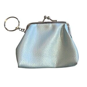 Vintage Blue Leather Coin Change Purse Kiss Lock Key Ring 4"